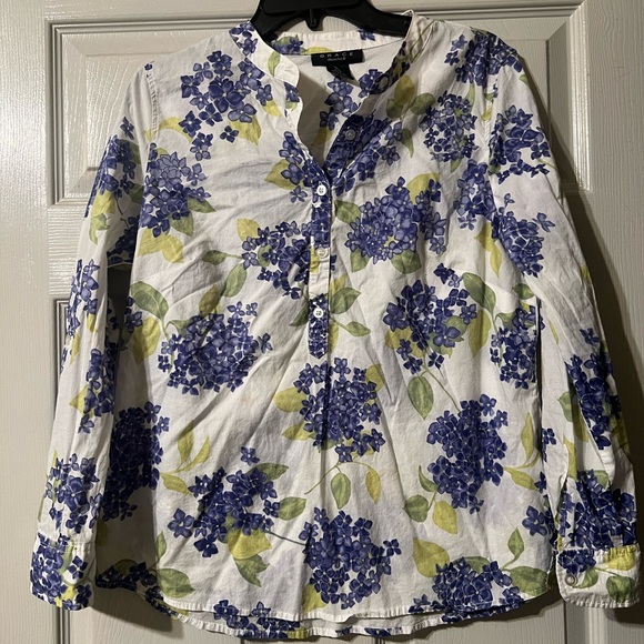 Grace Tops - Grace Floral Button-Up Top - Blue and Green
